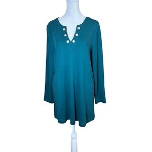 CHICO’S Grommet V-Neck Green Tunic Top Long Sleeve Sz 1 US M Pima Cotton Stretch
